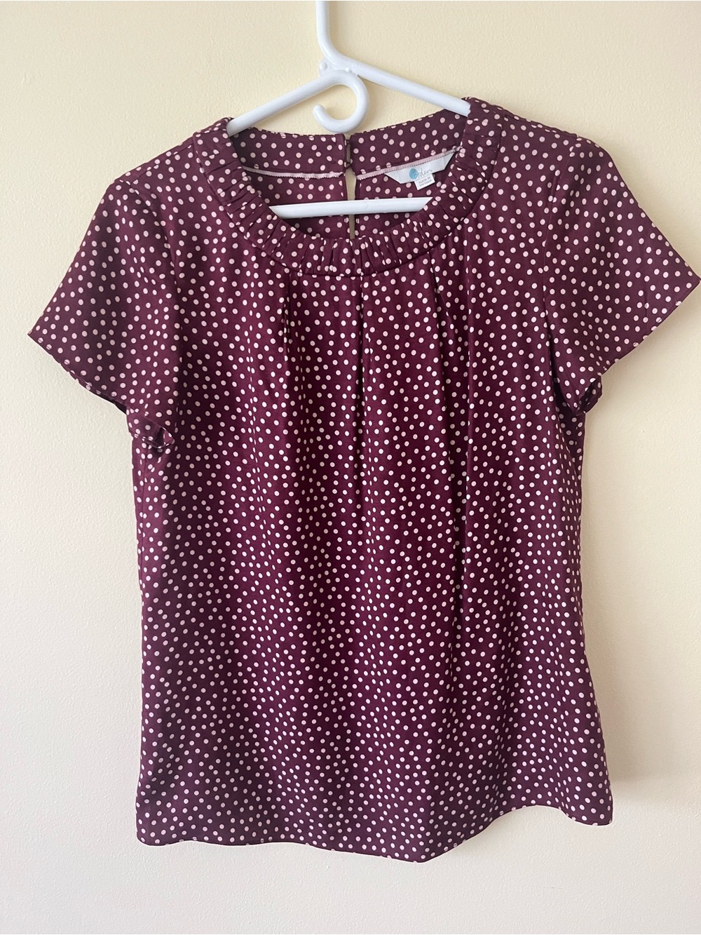 Boden silk blend polka dot burgundy light pink blouse short sleeve size 4